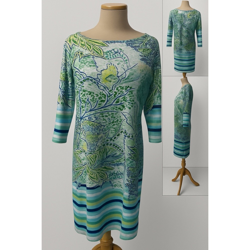 Tango Mango Green Lotus Print Dress Women's Medium Made in India Boho Casual Fun